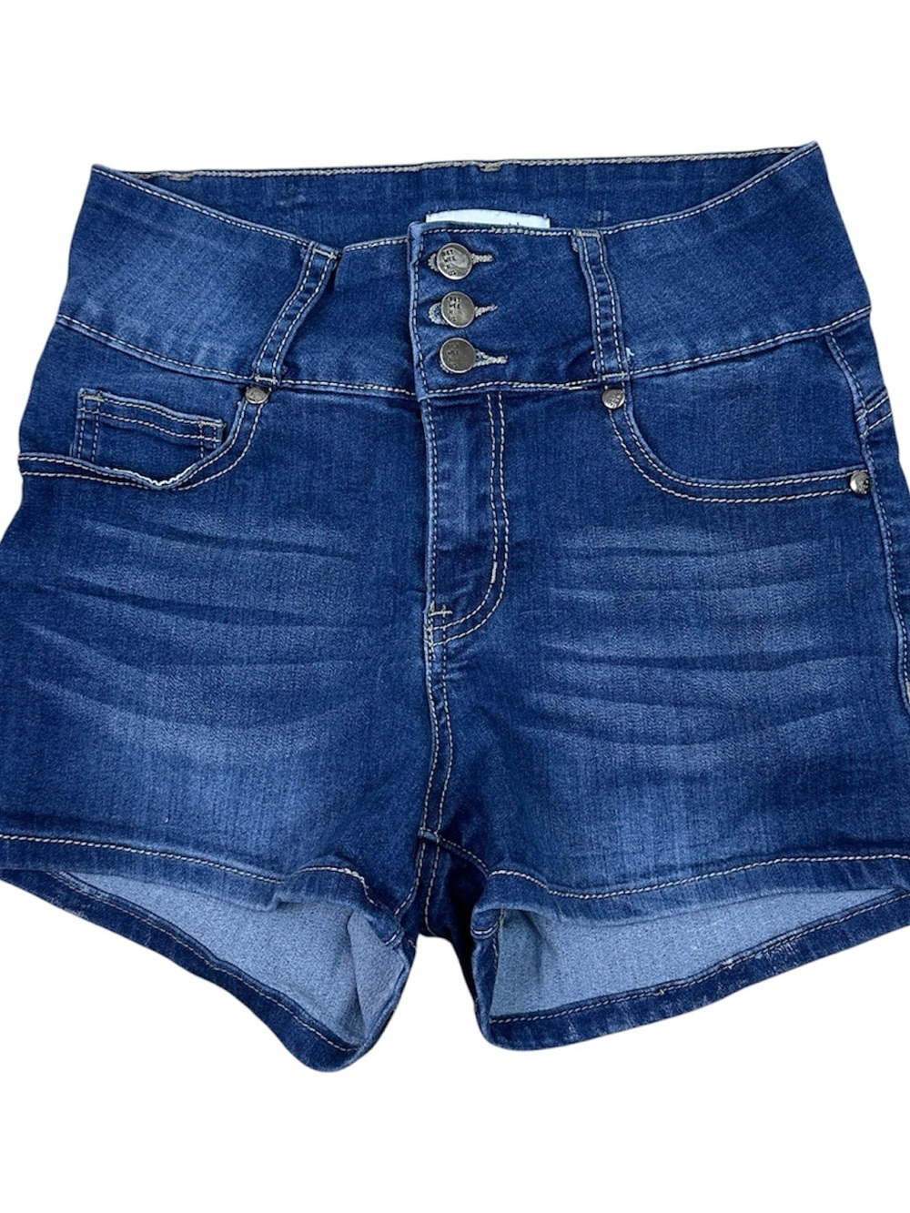 Girls' Dark Blue High-Rise Denim Shorts with Triple Button